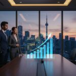 Two investment professionals standing in a boardroom reviewing a rising digital bar chart with the Toronto skyline visible at dusk, illustrating private equity fees
