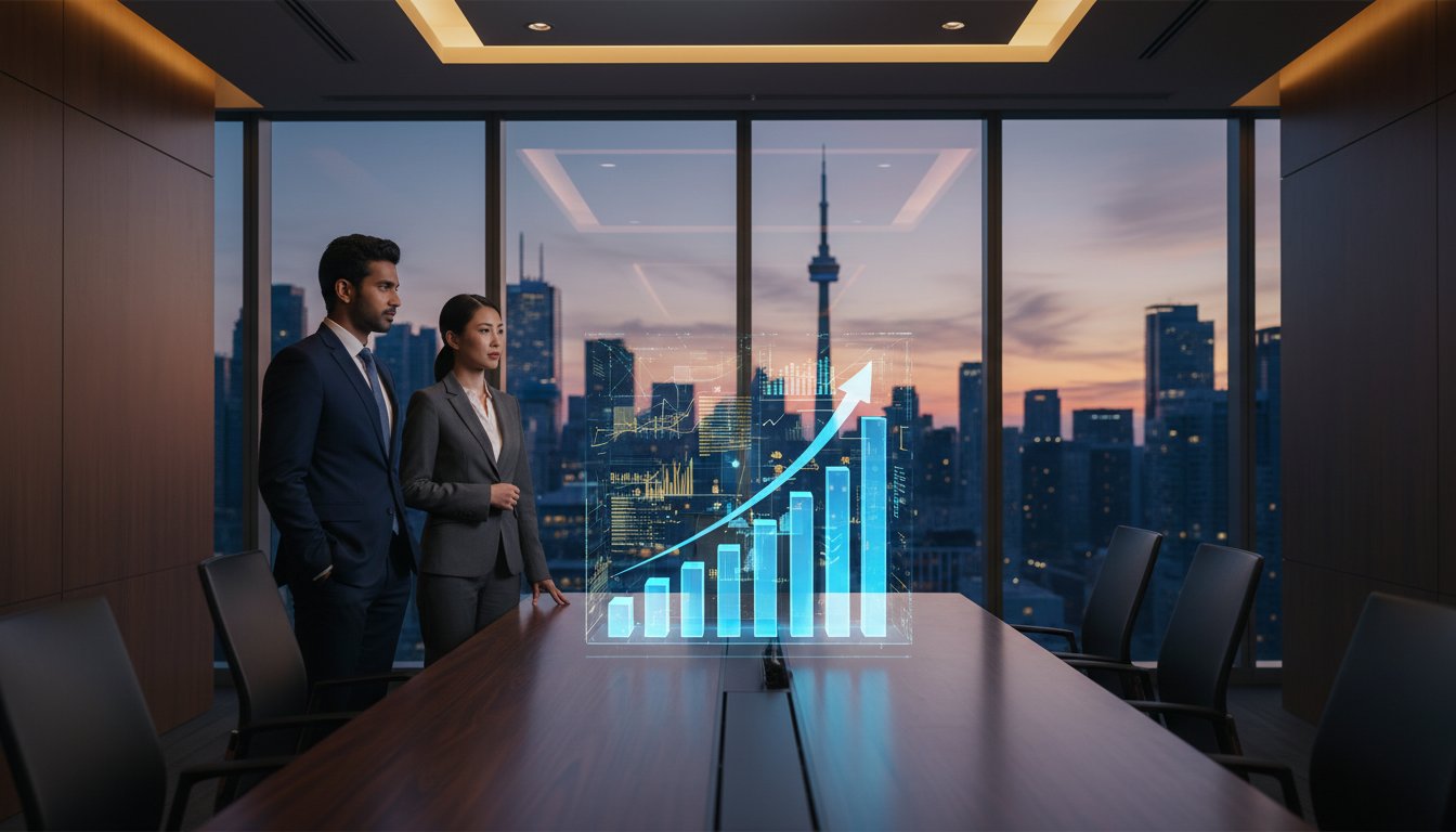 Two investment professionals standing in a boardroom reviewing a rising digital bar chart with the Toronto skyline visible at dusk, illustrating private equity fees