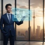Businessman viewing a digital RRSP investment options interface with icons for growth, real estate, and Canada, Toronto skyline visible in the background