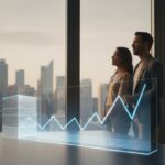 Couple looking out over a city skyline at a digital portfolio growth chart with an upward trend line, illustrating the role of real estate in a balanced portfolio