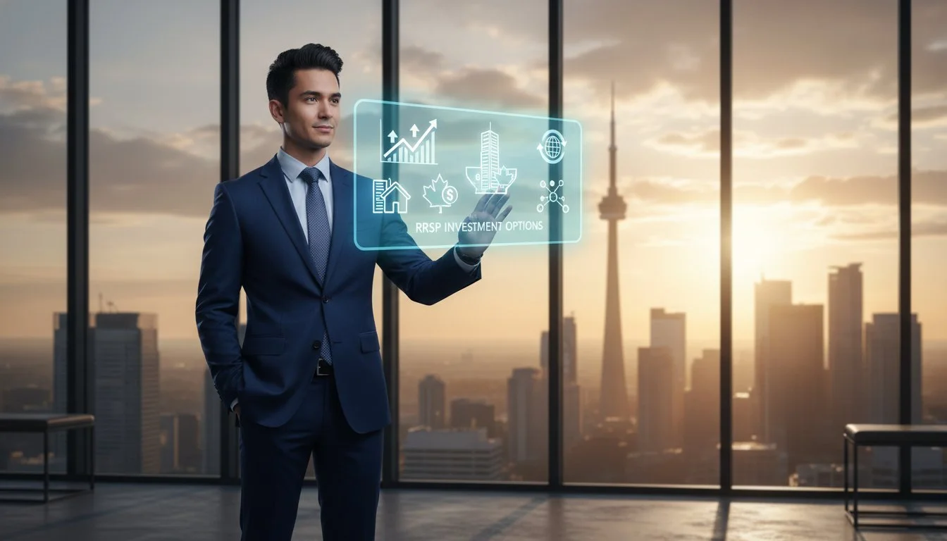 Businessman viewing a digital RRSP investment options interface with icons for growth, real estate, and Canada, Toronto skyline visible in the background