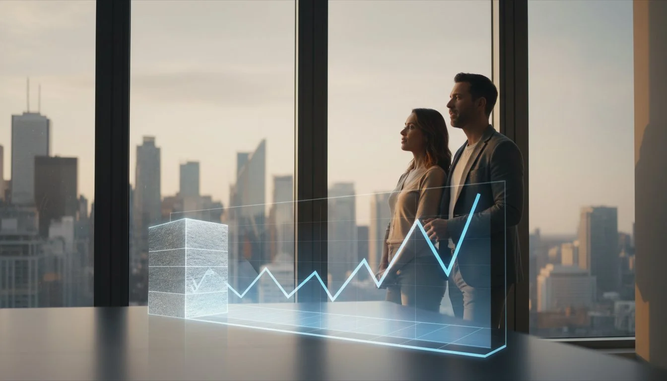 Couple looking out over a city skyline at a digital portfolio growth chart with an upward trend line, illustrating the role of real estate in a balanced portfolio